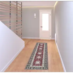 Photo of 8' Beige Red And Gray Oriental Distressed Non Skid Runner Rug