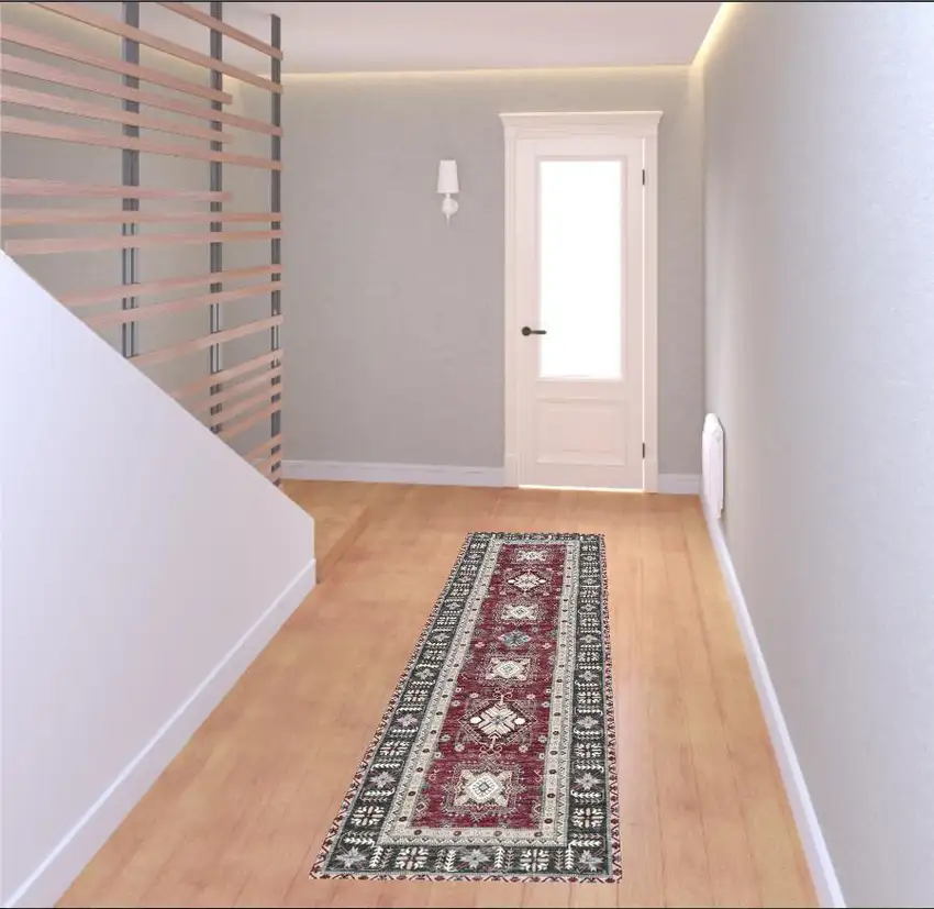 8' Beige Red And Gray Oriental Distressed Non Skid Runner Rug Photo 1