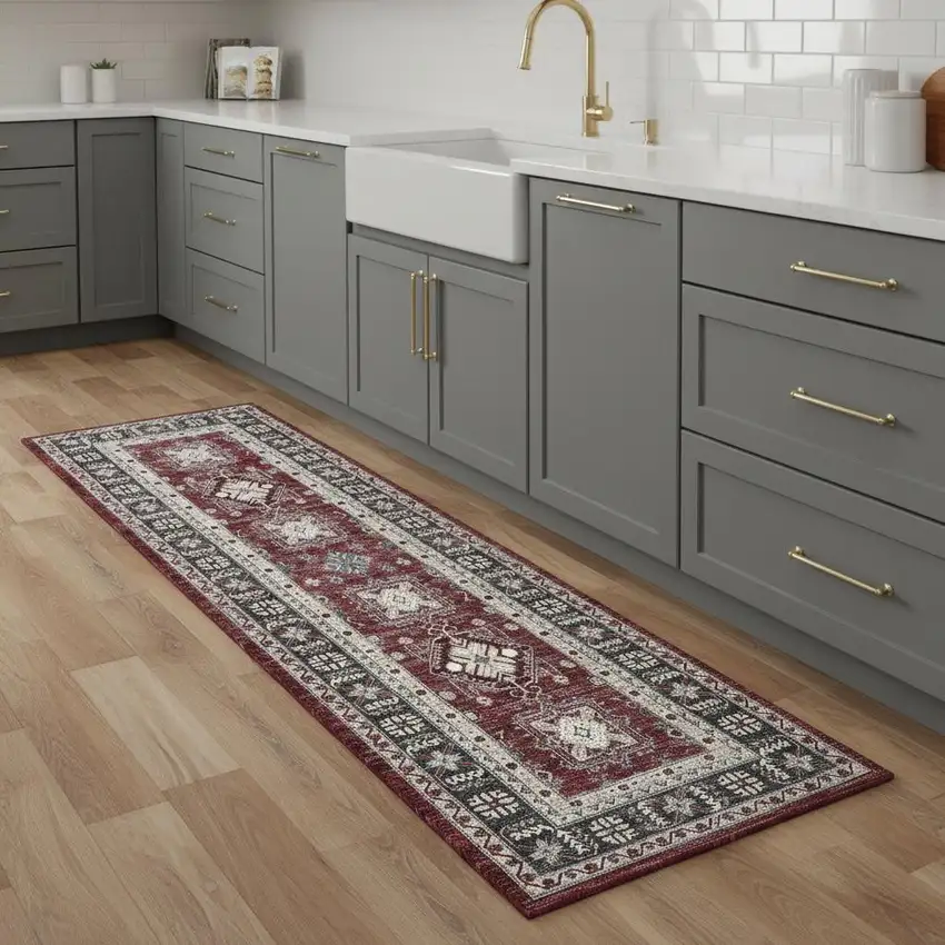 8' Beige Red And Gray Oriental Distressed Non Skid Runner Rug Photo 1