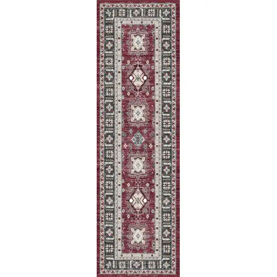 8' Beige Red And Gray Oriental Distressed Non Skid Runner Rug Photo 6