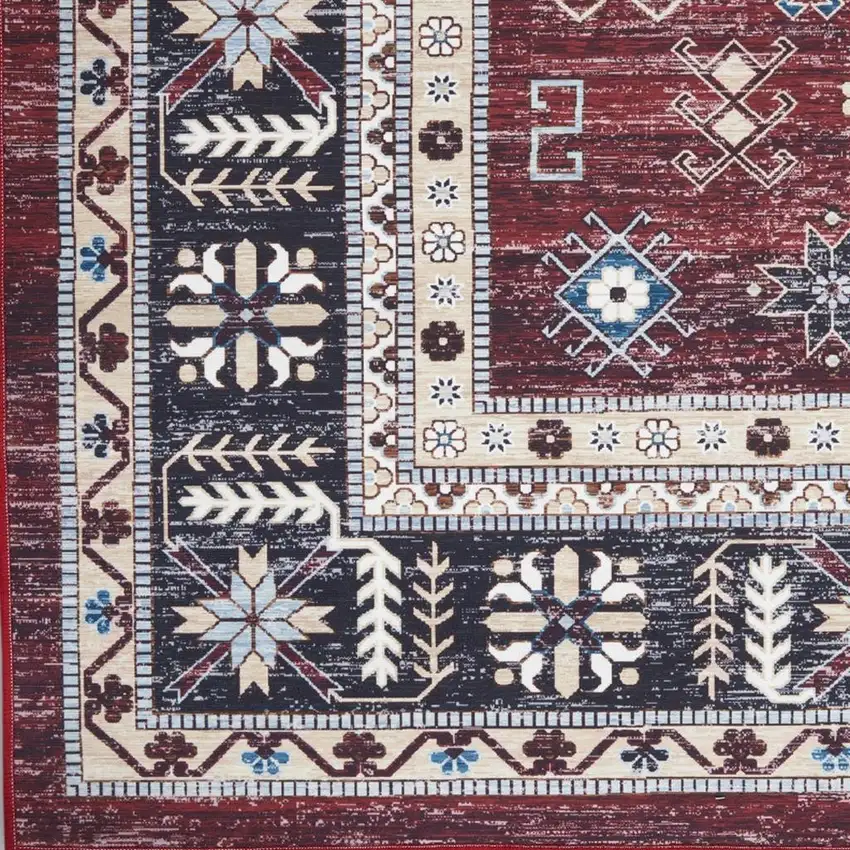 8' Beige Red And Gray Oriental Distressed Non Skid Runner Rug Photo 3