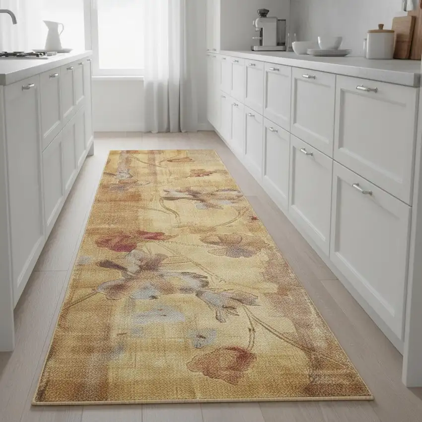 8' Beige Red And Orange Floral Non Skid Runner Rug Photo 1