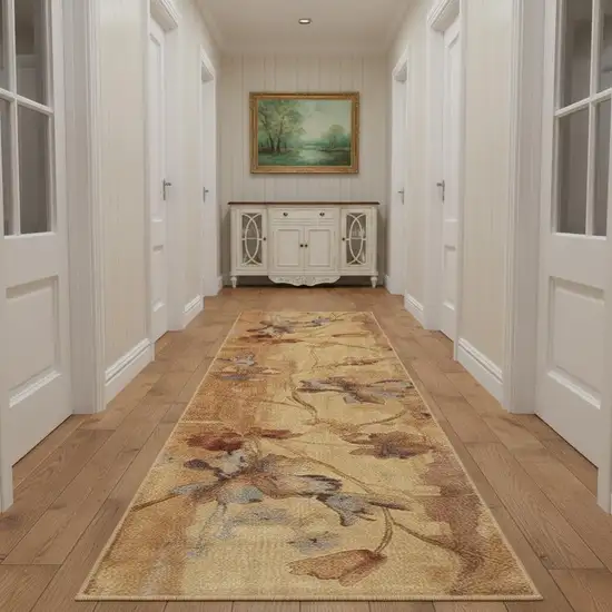 10' Beige Red And Orange Floral Non Skid Runner Rug Photo 1
