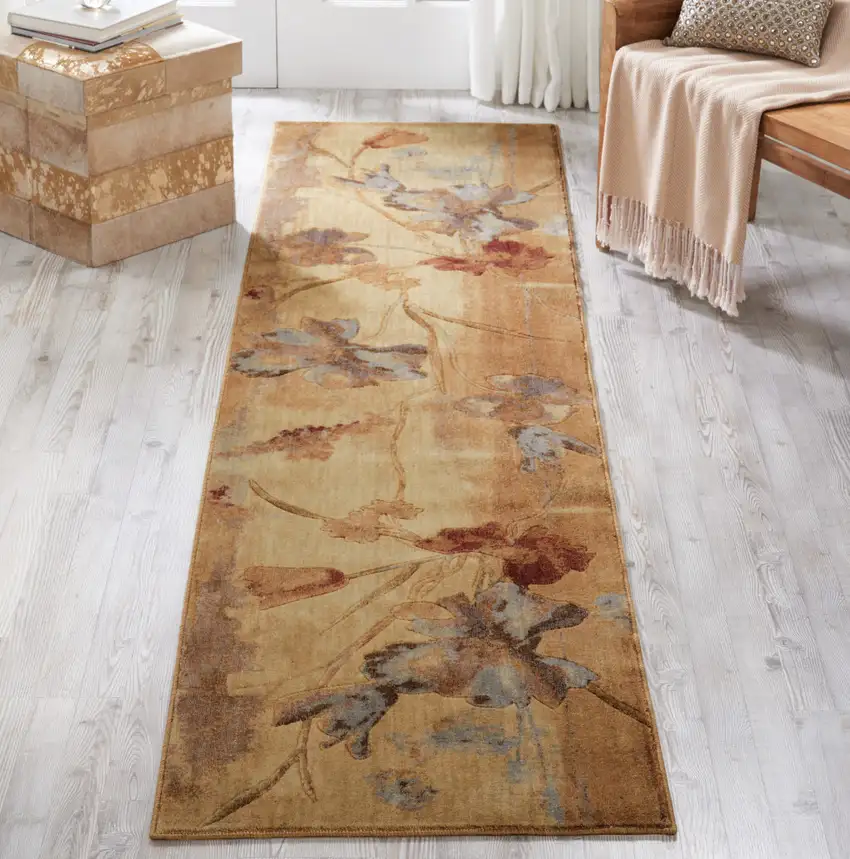 10' Beige Red And Orange Floral Non Skid Runner Rug Photo 6
