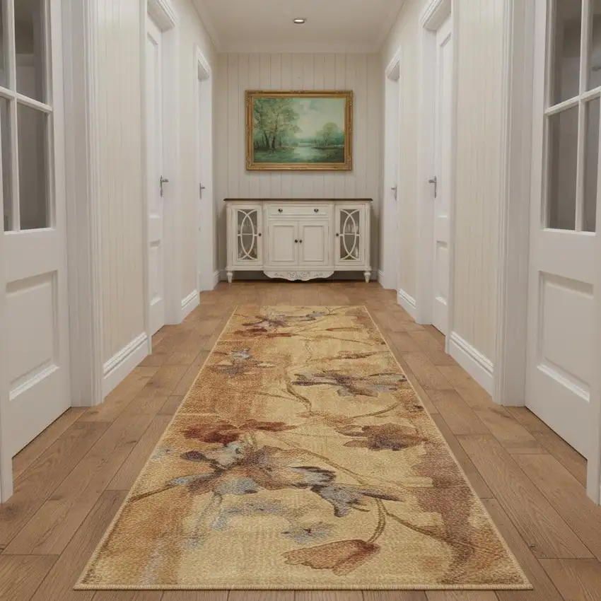 10' Beige Red And Orange Floral Non Skid Runner Rug Photo 1