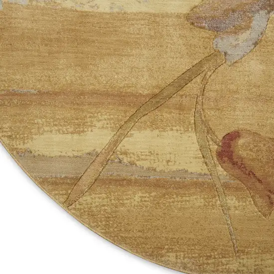 8' Beige Red And Orange Floral Round Rug Photo 8