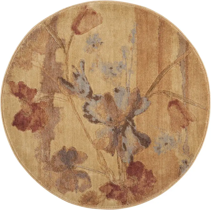 4' Beige Red And Orange Floral Round Rug Photo 4
