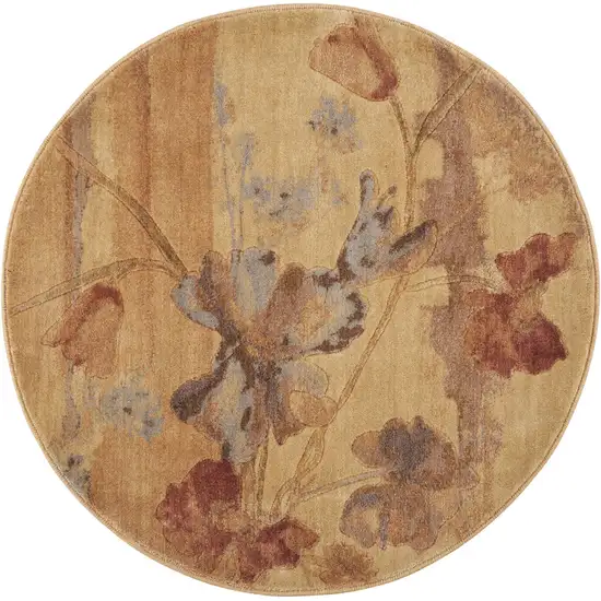 4' Beige Red And Orange Floral Round Rug Photo 3