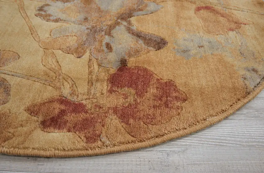 4' Beige Red And Orange Floral Round Rug Photo 6