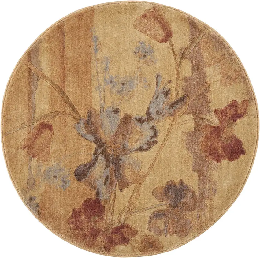 4' Beige Red And Orange Floral Round Rug Photo 2