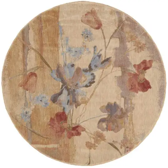 6' Beige Red And Orange Floral Round Rug Photo 2