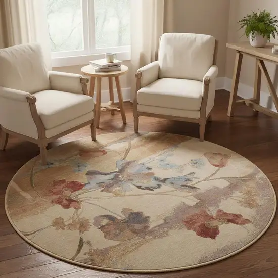 6' Beige Red And Orange Floral Round Rug Photo 1