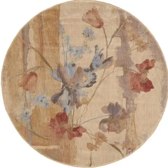 6' Beige Red And Orange Floral Round Rug Photo 4