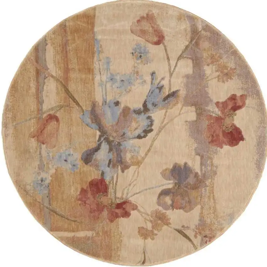 6' Beige Red And Orange Floral Round Rug Photo 4