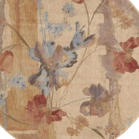6' Beige Red And Orange Floral Round Rug Photo 3