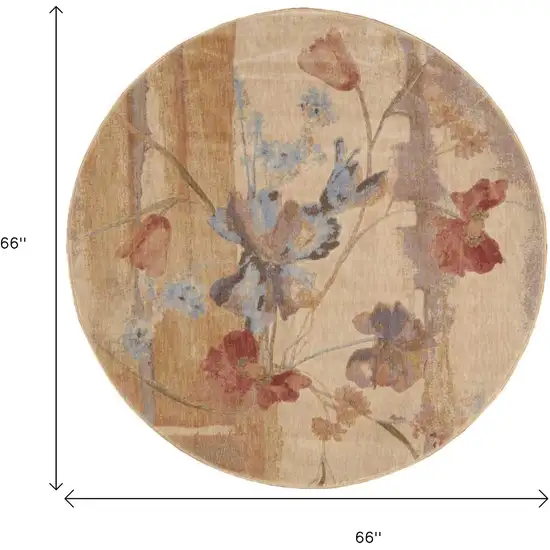 6' Beige Red And Orange Floral Round Rug Photo 8