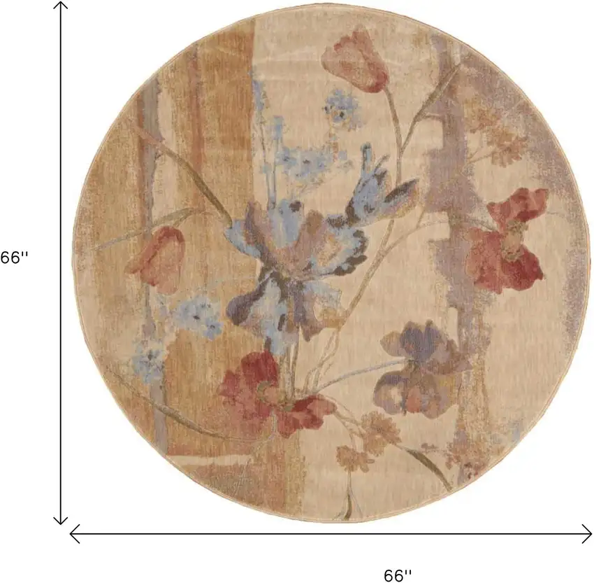 6' Beige Red And Orange Floral Round Rug Photo 8