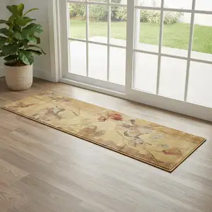 Photo of 6' Beige Red And Orange Floral Runner Rug