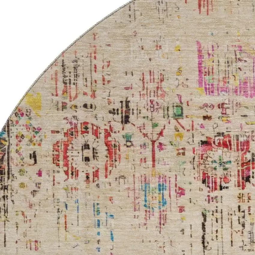 8' Beige Red And Pink Oriental Washable Round Rug With UV Protection Photo 2