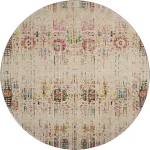 Photo of 8' Beige Red And Pink Oriental Washable Round Rug With UV Protection
