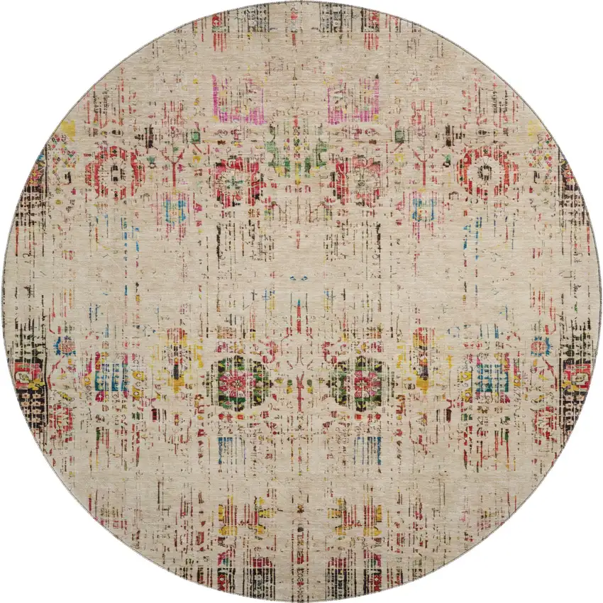 8' Beige Red And Pink Oriental Washable Round Rug With UV Protection Photo 1