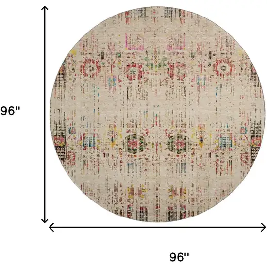 8' Beige Red And Pink Oriental Washable Round Rug With UV Protection Photo 9