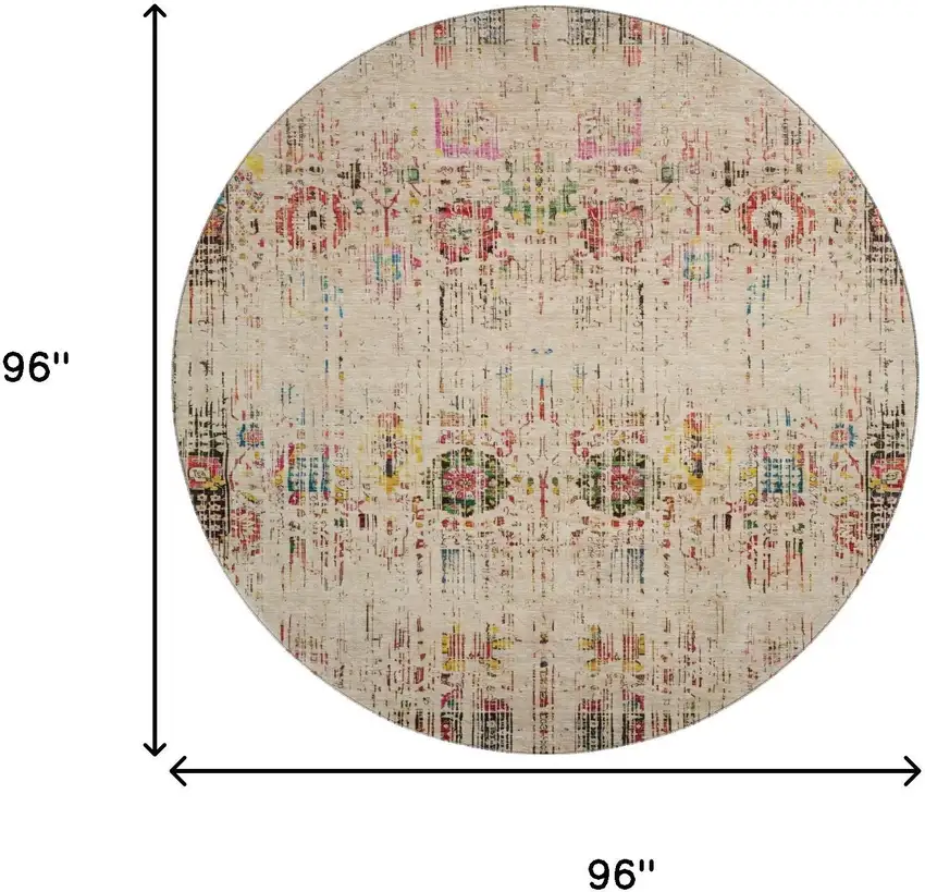 8' Beige Red And Pink Oriental Washable Round Rug With UV Protection Photo 9