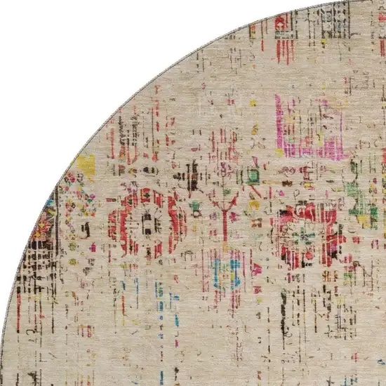 8' Beige Red And Pink Oriental Washable Round Rug With UV Protection Photo 3