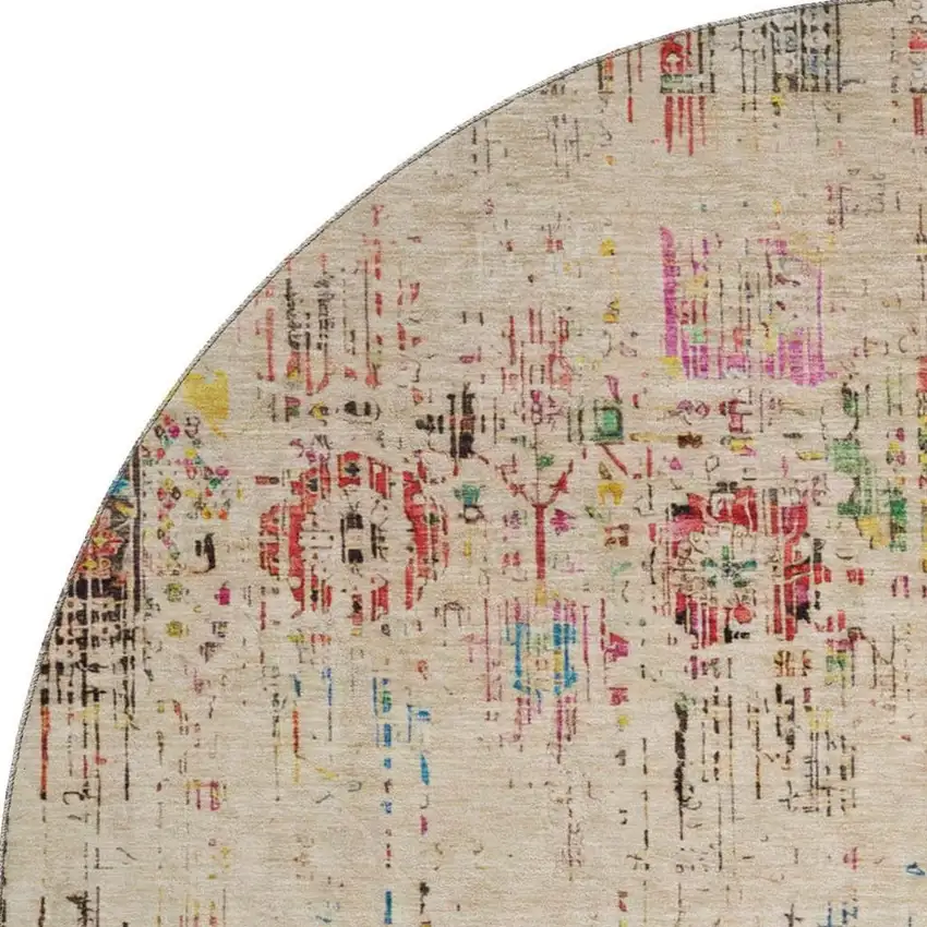 8' Beige Red And Pink Oriental Washable Round Rug With UV Protection Photo 3