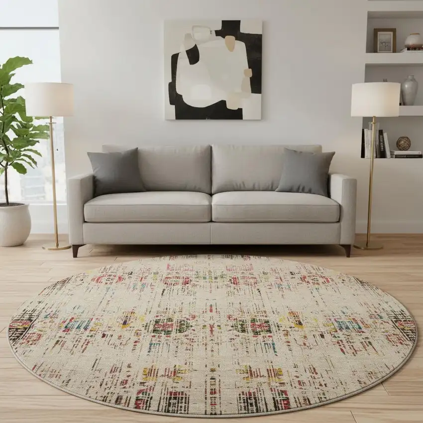 8' Beige Red And Pink Oriental Washable Round Rug With UV Protection Photo 2