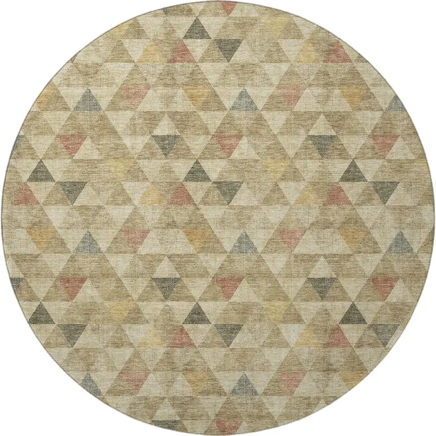 8' Beige Red And Salmon Geometric Washable Round Rug With UV Protection Photo 4