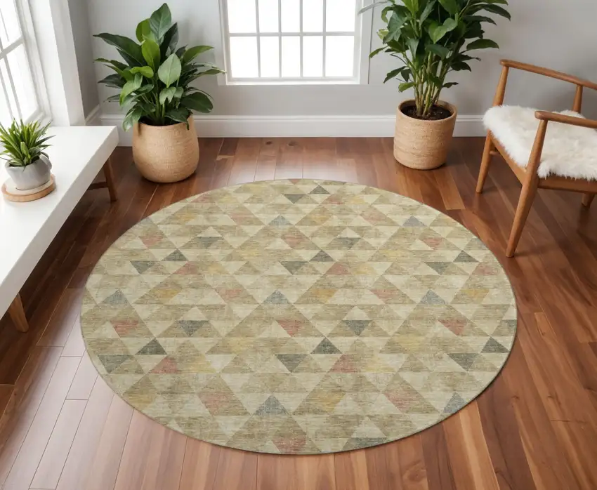 8' Beige Red And Salmon Geometric Washable Round Rug With UV Protection Photo 2