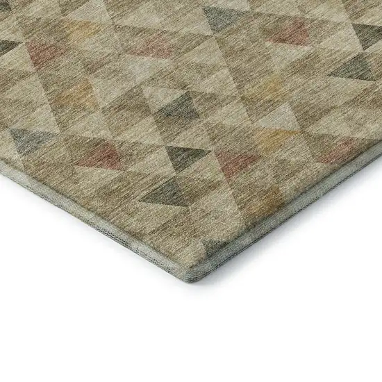 8' Beige Red And Salmon Geometric Washable Round Rug With UV Protection Photo 7