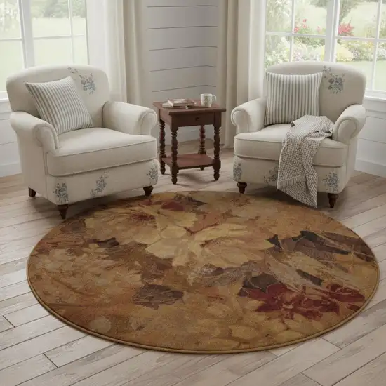 6' Beige Red And Yellow Floral Non Skid Round Rug Photo 1