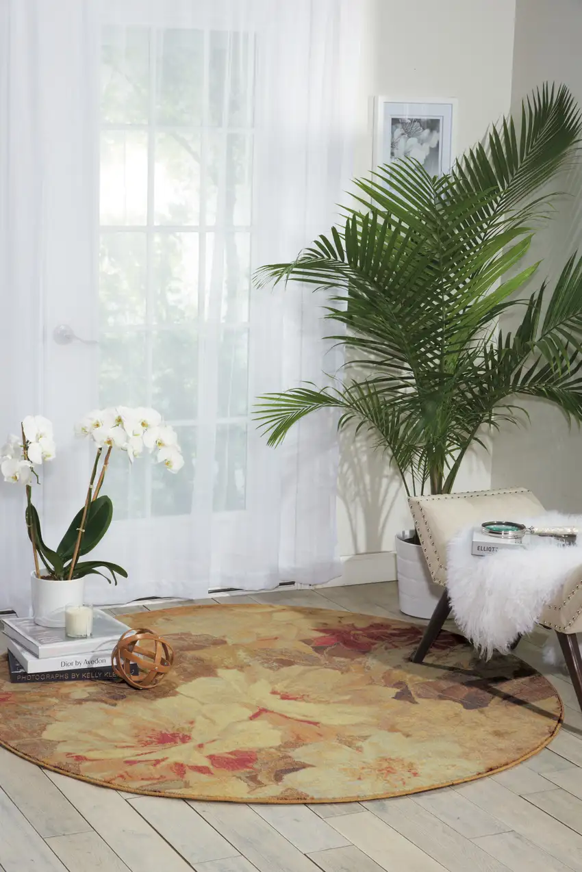 6' Beige Red And Yellow Floral Non Skid Round Rug Photo 5