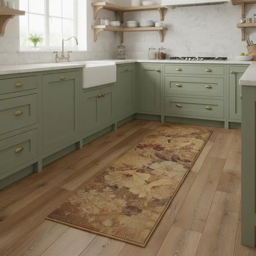 8' Beige Red And Yellow Floral Non Skid Runner Rug Photo 1