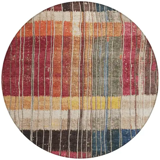 8' Beige Red And Yellow Round Striped Washable Indoor Outdoor Area Rug Photo 3