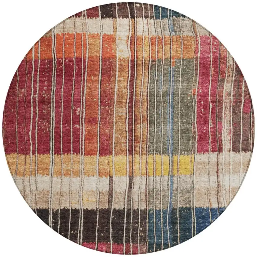 8' Beige Red And Yellow Round Striped Washable Indoor Outdoor Area Rug Photo 3