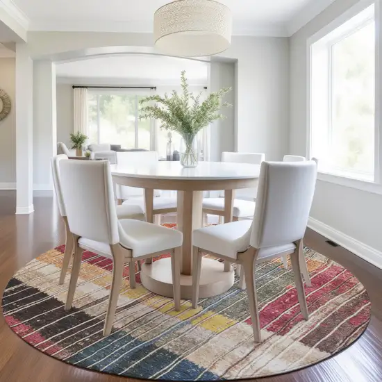 8' Beige Red And Yellow Round Striped Washable Indoor Outdoor Area Rug Photo 6