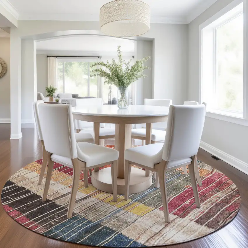 8' Beige Red And Yellow Round Striped Washable Indoor Outdoor Area Rug Photo 6