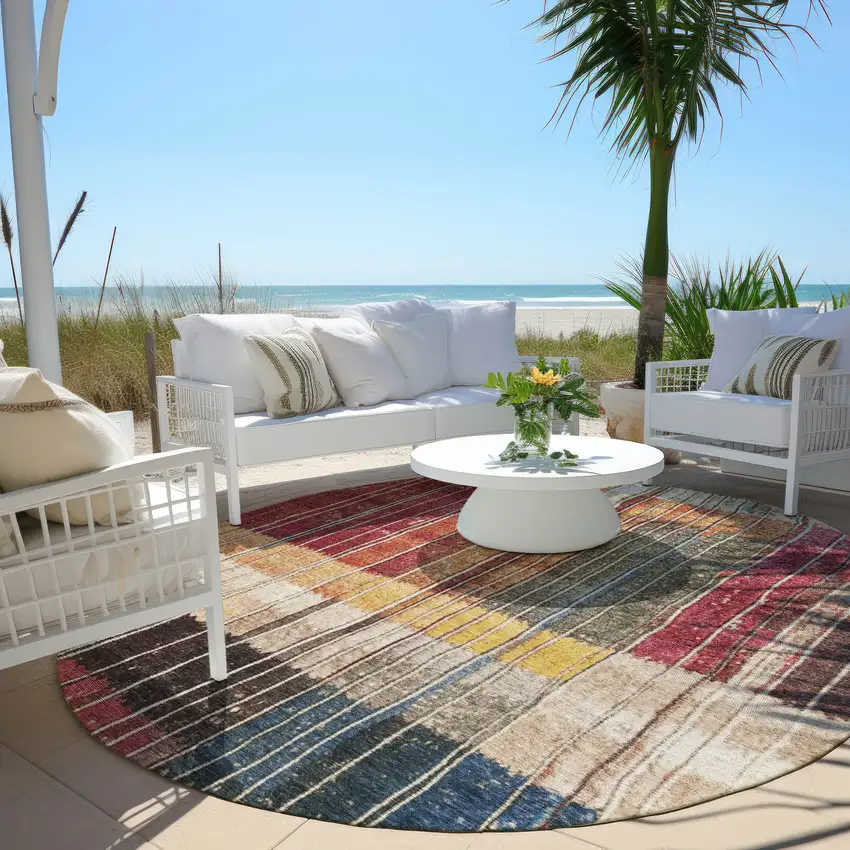 8' Beige Red And Yellow Round Striped Washable Indoor Outdoor Area Rug Photo 5