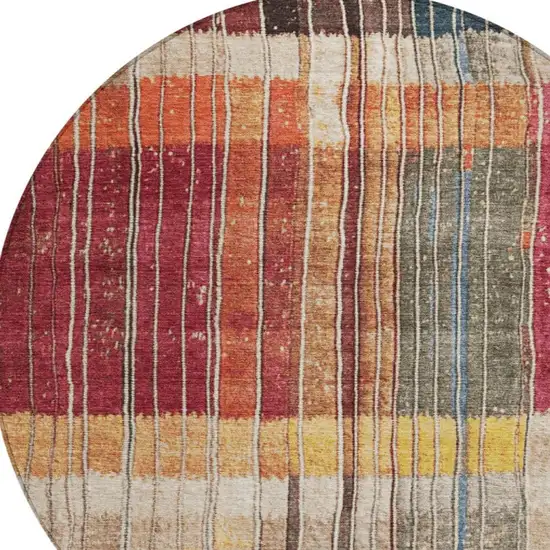 8' Beige Red And Yellow Round Striped Washable Indoor Outdoor Area Rug Photo 4