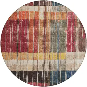 Photo of 8' Beige Red And Yellow Round Striped Washable Indoor Outdoor Area Rug