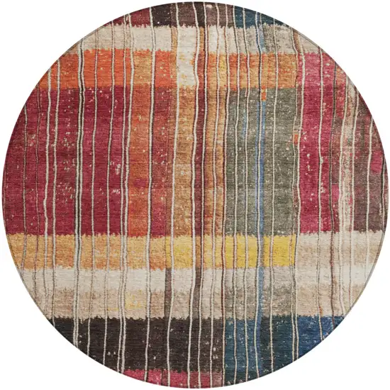 8' Beige Red And Yellow Round Striped Washable Indoor Outdoor Area Rug Photo 1