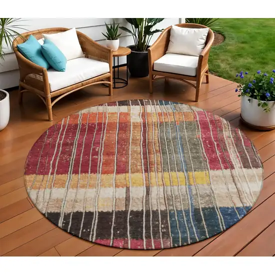 8' Beige Red And Yellow Round Striped Washable Indoor Outdoor Area Rug Photo 2