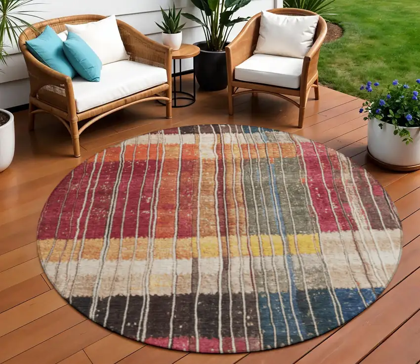 8' Beige Red And Yellow Round Striped Washable Indoor Outdoor Area Rug Photo 2
