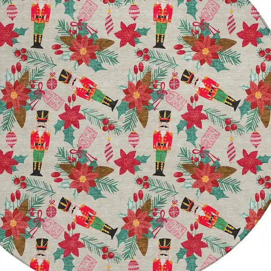 8' Beige Red Black Pink And Brown Round Floral Washable Indoor Outdoor Area Rug Photo 9