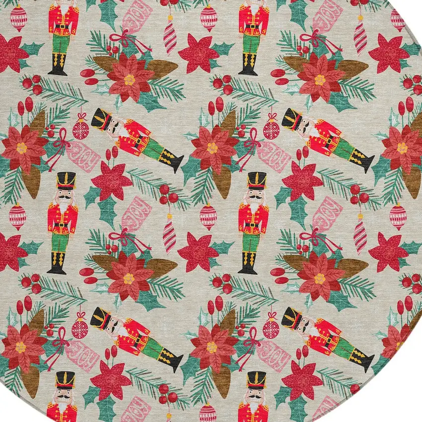 8' Beige Red Black Pink And Brown Round Floral Washable Indoor Outdoor Area Rug Photo 9