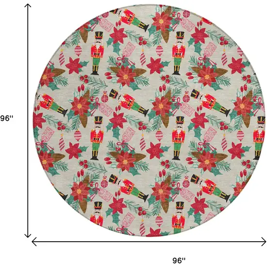 8' Beige Red Black Pink And Brown Round Floral Washable Indoor Outdoor Area Rug Photo 9