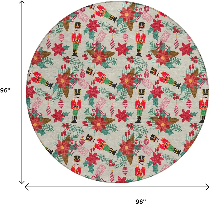 8' Beige Red Black Pink And Brown Round Floral Washable Indoor Outdoor Area Rug Photo 9